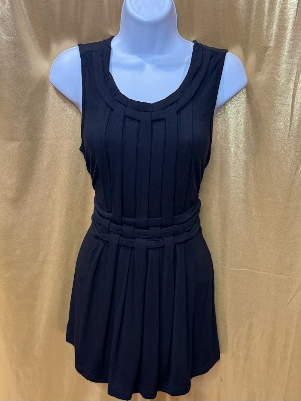 GRACE Black Sleeveless Lattice Pleated Tunic Dress Size M